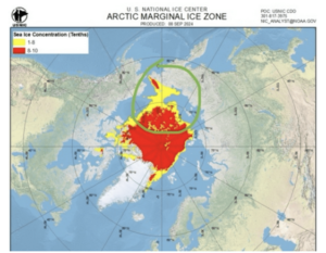 Mappa dell'estensione del ghiaccio alla deriva sulla parte orientale della rotta del Mare del Nord